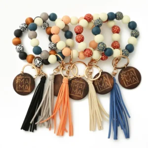 Mama Leopard Wood Beads Keychain